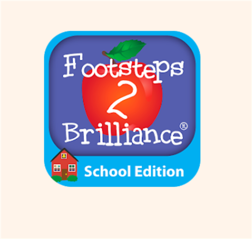 Logo of Footsteps 2 Brilliance - School Edition. SHowing a red apple and red school house.